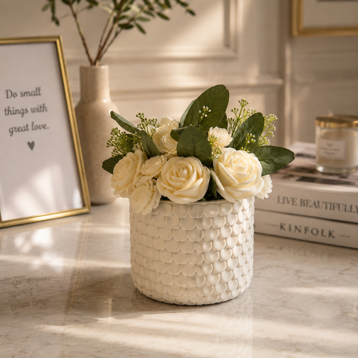 Textured Elegance White Floral Candle Bouquet 🤍