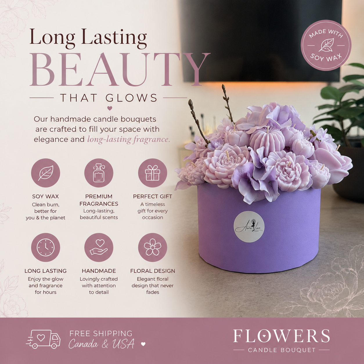 Purple Candle Bouquet – Forever Flowers That Glow 💜