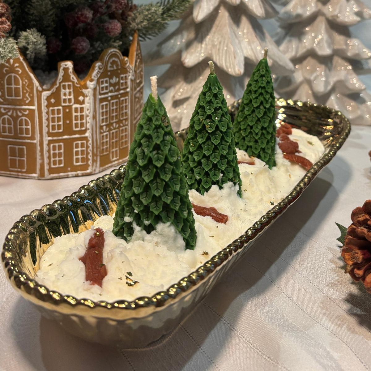Winter Wonderland Tray with three Christmas tree candles